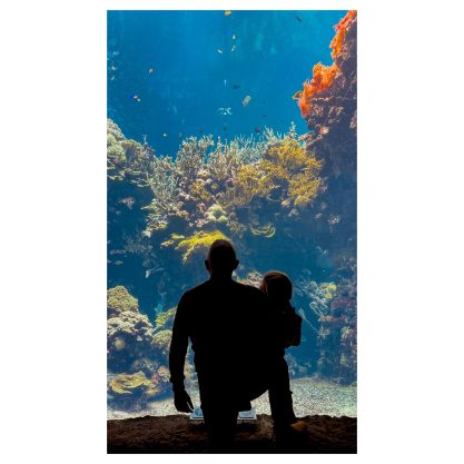 Silhouet van vader en kind voor aquarium, documentairefotografie